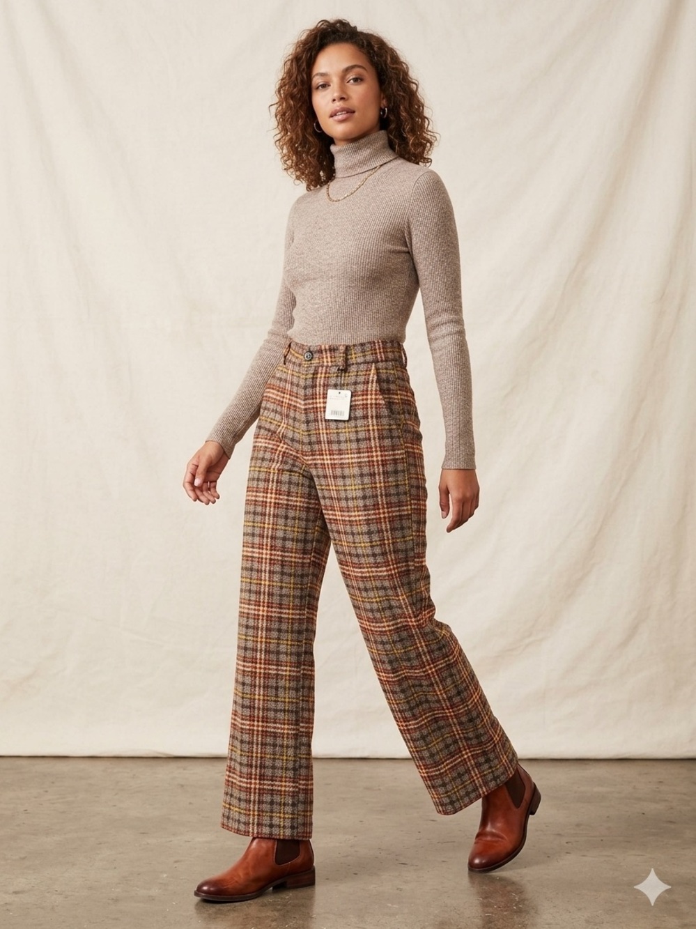 Free People Brown Plaid Trousers with Red and Yellow Accents NWT